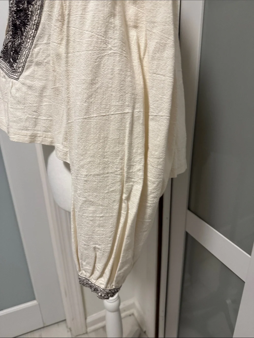 Free People Cream Peasant Blouse with Black Embroidery